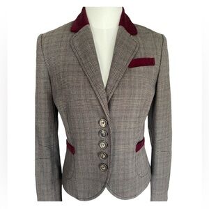 Juicy Couture Gray Plaid Wool Blazer with Burgundy Velvet Trim Size 2